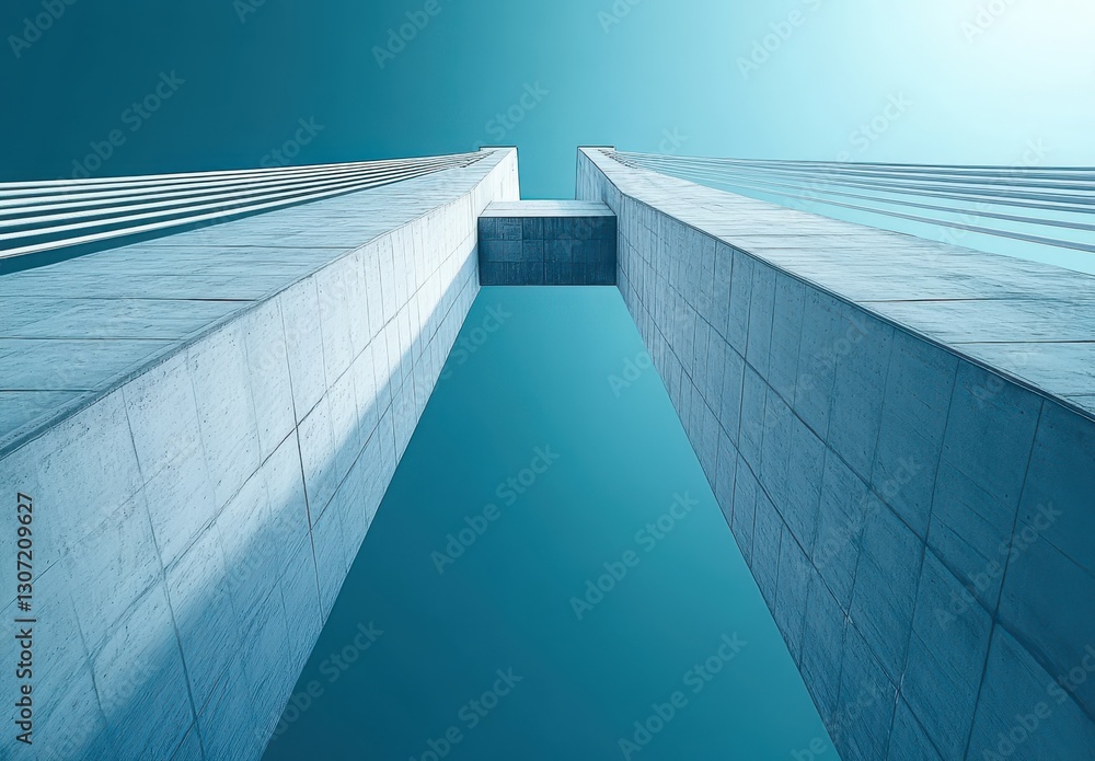 Poster abstract perspective of modern architecture featuring two towering concrete structures against clear