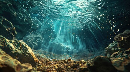 Obraz premium Subaquatic Serenity: Underwater Sunlight Beams Illuminate Rocky Depths