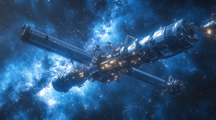 Obraz premium futuristic spacecraft docking to orbital space station beneath vibrant milky way galaxy stars symbolizing cosmic exploration science innovation and deep space astronomy