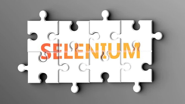 Selenium being a complex topic - puzzle pieces with word selenium coming together to make a whole. Selenium made of many fitting parts, a compound subject.