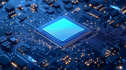 Obraz premium Close-up of a glowing blue CPU on a circuit board