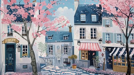 Delicate pink cherry blossom petals drifting onto cobblestone Parisian street, surrounding historic buildings with romantic springtime atmosphere