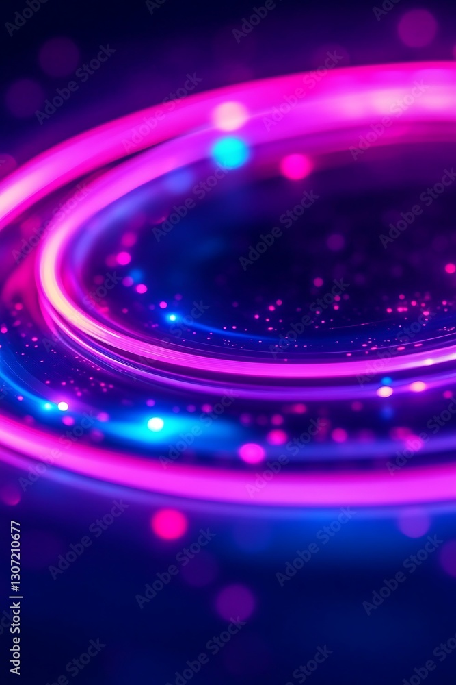Poster neon light trails forming circular patterns on a dark background