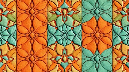 Colorful floral geometric patterns: A captivating close-up image showcases a vibrant tapestry of interconnected floral geometric patterns in shades of orange, turquoise, and yellow.