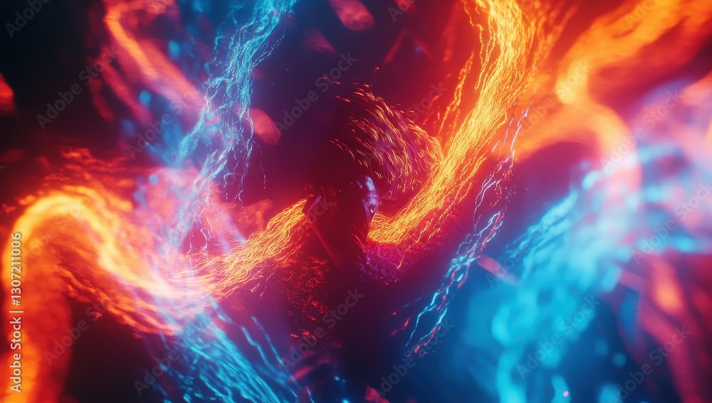 Poster abstract vibrant swirl of red and blue light creating a dynamic energy flow in a captivating cosmic 