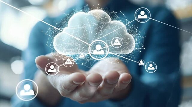 Person holding cloud computing graphic, modern office background, technology concept, stock photo