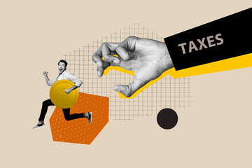 Trend artwork sketch design montage collage of young man hold coins run suffer taxes crisis hand...