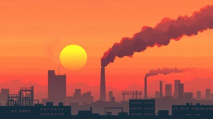 Obraz premium Sunset Over Industrial Cityscape with Smoke Stacks and Urban Silhouette in Warm Colors