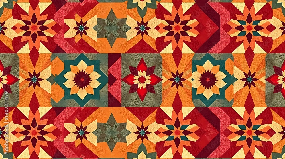 Poster geometric textile pattern: warm-toned geometric textile pattern with repeating design of stars and f