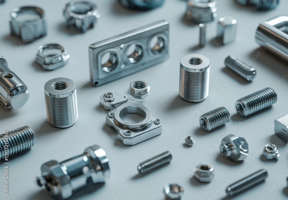 Poster assorted silver metal fasteners and hardware components arranged neatly on a light background for in