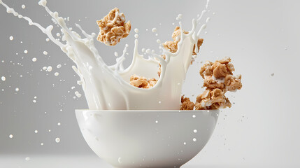 A bowl of crispy cereal with fresh milk splashing in mid-air, isolated on a pure white background