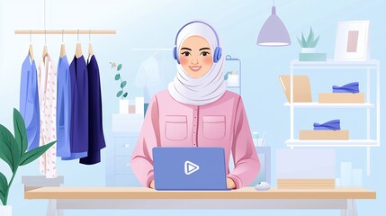 Smiling Woman in Hijab Using Laptop in Pastel Home Office
