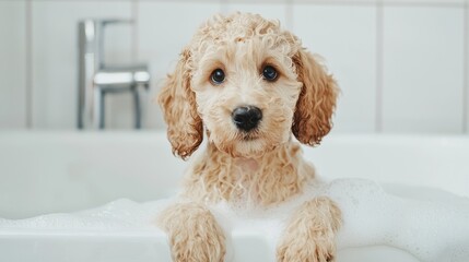 Adorable Golden Doodle Puppy Enjoying a Bath with Bubbles in a Bright and Clean Bathroom Setting