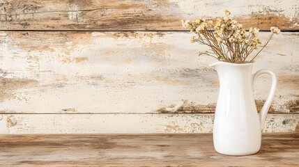 White ceramic pitcher with dried flowers on rustic wooden table against weathered background