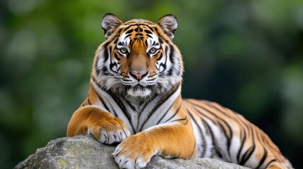 Fototapeta premium Majestic tiger resting gracefully on a rock with vivid fur patterns in a lush green background