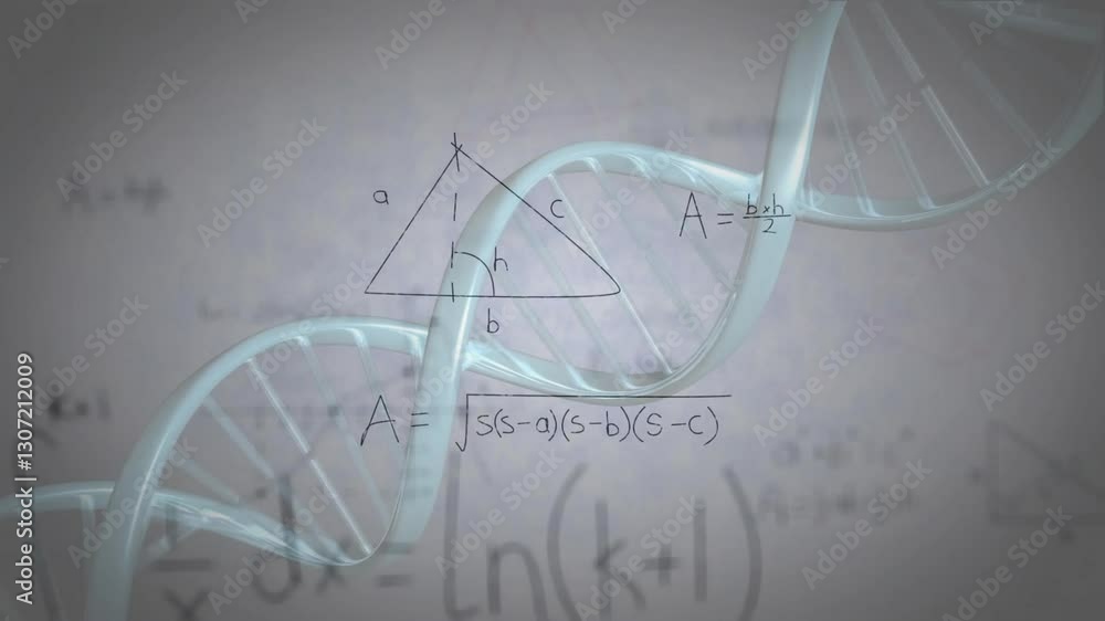 Poster animation of dna strand intertwined with geometric shapes and mathematical formulas