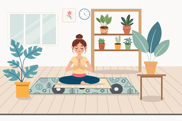 Fototapeta premium Peaceful woman relaxing in lotus pose on yoga blanket