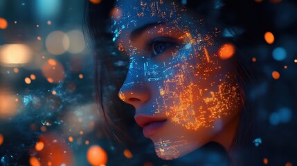 A young woman's face is covered in glowing blue and orange circuitry, a double exposure photograph featuring a futuristic cityscape background, with soft focus, high resolution, a dark atmosphere, and