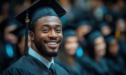 Fototapeta premium Portrait of a joyful graduating student beaming with pride during a graduation ceremony, celebrating academic achievement and future success