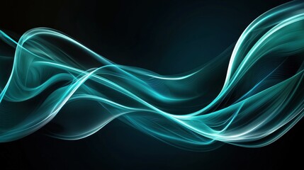 Abstract Turquoise Light Lines Flowing Across Dark Background Space