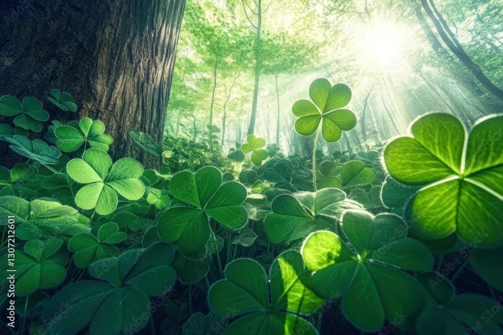 Aufkleber lush green forest with clover leaves, sunlight filtering through trees, creating a serene and tranqu
