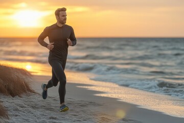 Man jogging on the beach during sunset, enjoying a serene coastal activity