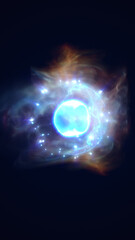 A glowing blue celestial sphere surrounded by swirling nebula-like clouds in deep space, emitting bright light and energy
