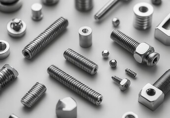 Close-Up Collection of Various Metal Nuts, Bolts, and Screws on White Background for Industrial and Mechanical Uses