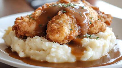 Creamy Mashed Potatoes with Crispy Fried Chicken and Rich Brown Gravy