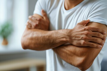 Closeup of a man holding his arm, suffering from elbow or biceps pain, concept of muscle or joint injury