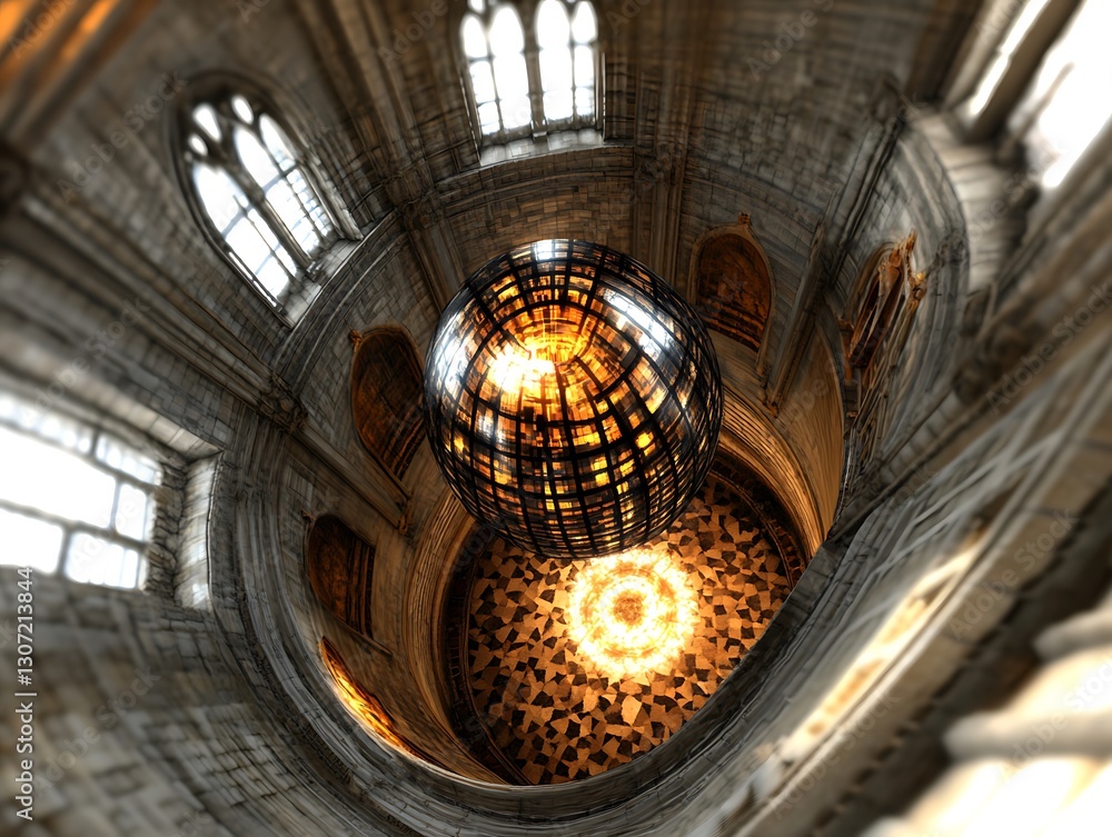 Poster surreal architectural space with an orb and patterned ceiling design