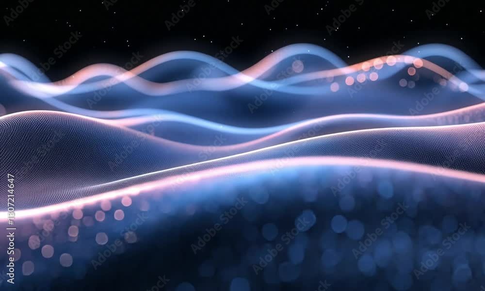 Poster abstract waves flowing against dark space background with bokeh lights and stars