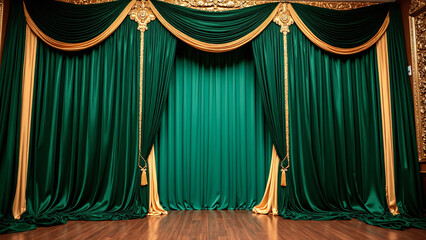 Luxurious green and gold curtain decor conveying sophistication and grandeur within a timeless, elegant setting. Perfect for themes of royalty, classic aesthetics, and ceremonial backdrops