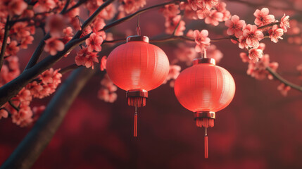 Fototapeta premium 3D rendering of two red lanterns hanging on plum blossom branches, with plum blossoms. Plum flowers are blooming in the background, Chinese New Year theme.