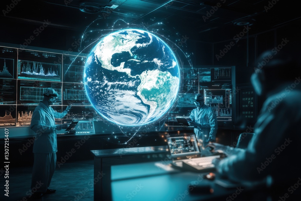 Poster scientists analyzing global data using advanced technology in a high-tech lab environment