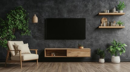 Close-up of a dark gray, textured concrete wall holding a sleek black TV angled left. Rich textures and shadows enhance depth
