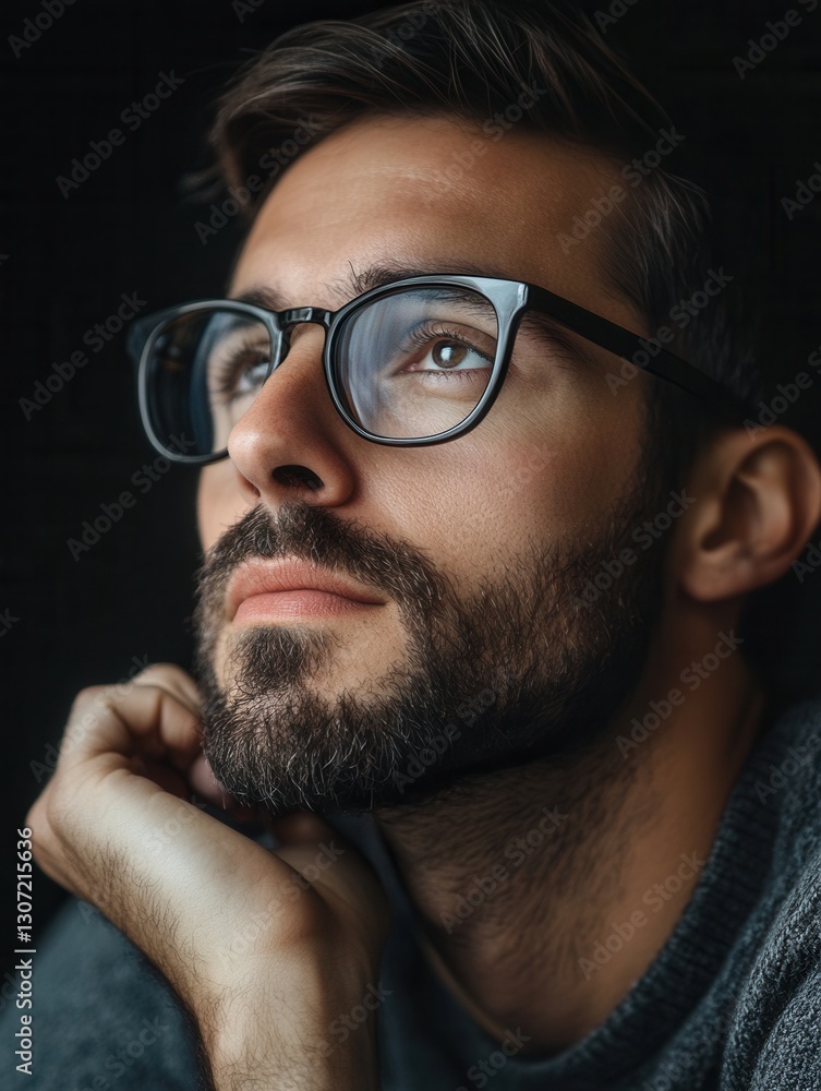Poster young man with glasses deep in thought, gazing upward in a dimly lit room during evening hours gener