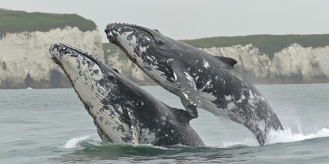 Fototapeta premium Two Humpback Whales Breaching Ocean Water Dramatic Coastal Cliffs Background Wildlife Scene