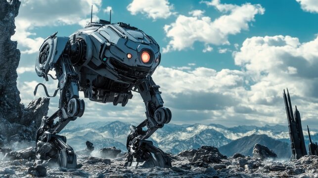 Robotic Explorer on Alien Planet, Surveying Mountainous Landscape