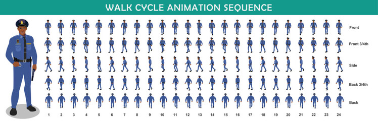 Police Officer Character walk cycle animation sequence. Front walk frame by frame animation sprite sheet.