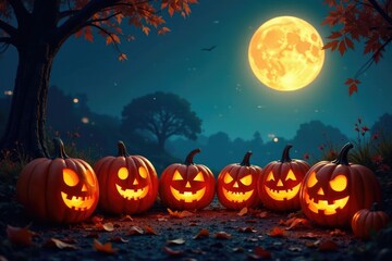 Dark spooky pumpkins gather around glowing jack o lanterns, Ghosts, Moonlight, Autumn Leaves