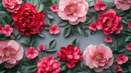 Fototapeta premium 3D illustration of red and pink peonies, roses, and azaleas in a flat lay on a grey background. Pattern of red and pink peony flowers on grey banner. 