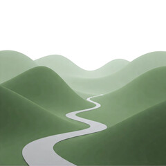 Obraz premium A single dirt path winds through nature on a white background. The path is surrounded by beautiful plants and trees. The environment is calm and quiet, reflecting the beauty of nature in the grassland