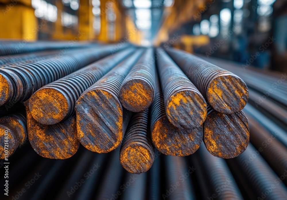 Aufkleber close-up view of industrial steel rebars showcasing rusty textures and patterns in a construction si