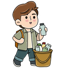 Boy collects plastic bottle waste