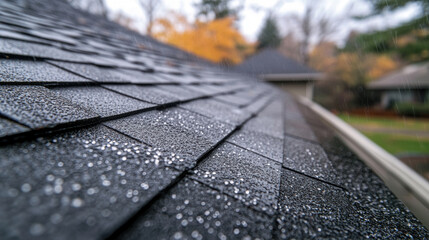Close up view on Asphalt Roofing Shingles Background. Tiled roof structure.
