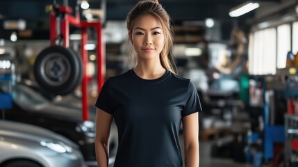 Fototapeta premium Professional Asian female mechanic standing confidently near vehicle, highlighting mechanical expertise in modern automotive workshop