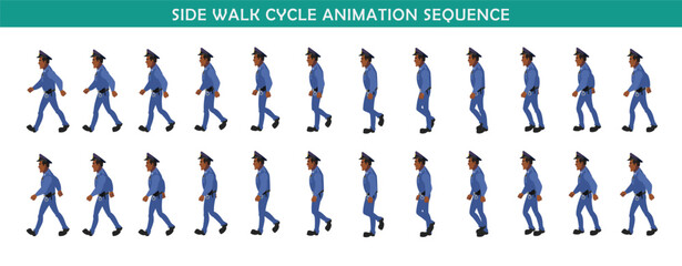 Police Officer Character walk cycle animation sequence. Front walk frame by frame animation sprite sheet.