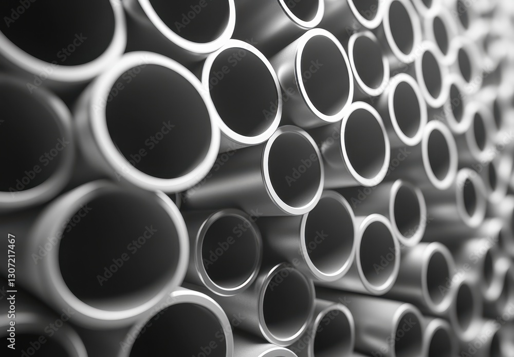 Poster close-up view of metallic pipes arranged in a pattern showing reflections and depth in monochrome to
