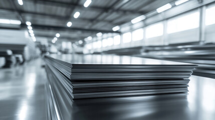 Fototapeta premium Stainless steel sheets stacked in precise rows, organized industrial. Stacked in the warehouse of the steel plate. 